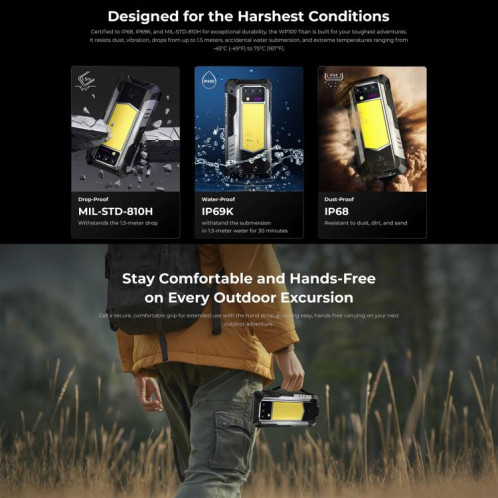 Oukitel WP100 TITAN 5G Smartphone robuste avec projecteur, 16 Go + 512 Go, appareil photo 200 Mpx, identification par empreinte digitale, écran 6,8 pouces, Android 14, MediaTek Dimensity 7300 Octa Core, SO890B1148-020