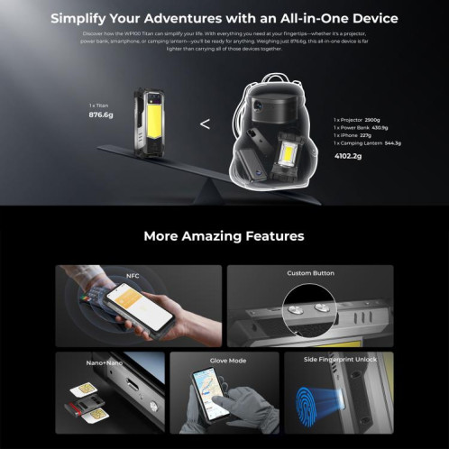 Oukitel WP100 TITAN 5G Smartphone robuste avec projecteur, 16 Go + 512 Go, appareil photo 200 Mpx, identification par empreinte digitale, écran 6,8 pouces, Android 14, MediaTek Dimensity 7300 Octa Core, SO890B1148-020