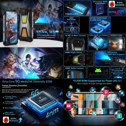  Téléphone robuste avec projecteur de vision nocturne Unihertz 8849 Tank 3S, 16 Go + 512 Go, 6,79 pouces Android 14 Dimensity 8200 Octa Core, réseau : 5G (noir) SU897B1385-07