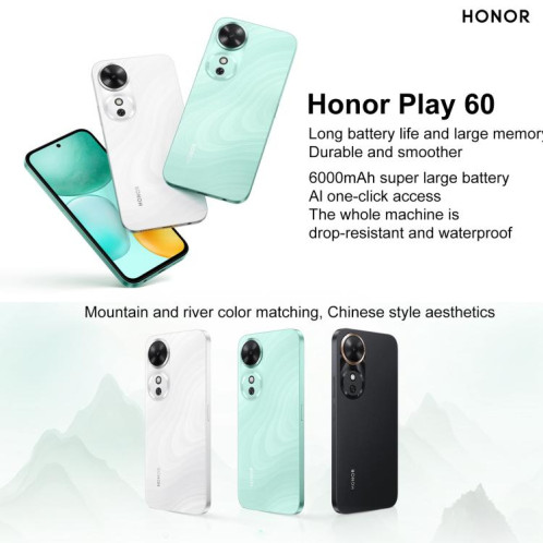Honor Play 60, 6 Go + 128 Go, lecteur d'empreintes digitales latéral, écran 6,61 pouces, MagicOS 9.0, Dimensity 6300 Octa Core, réseau 5G, OTG (noir) SH900B1897-09