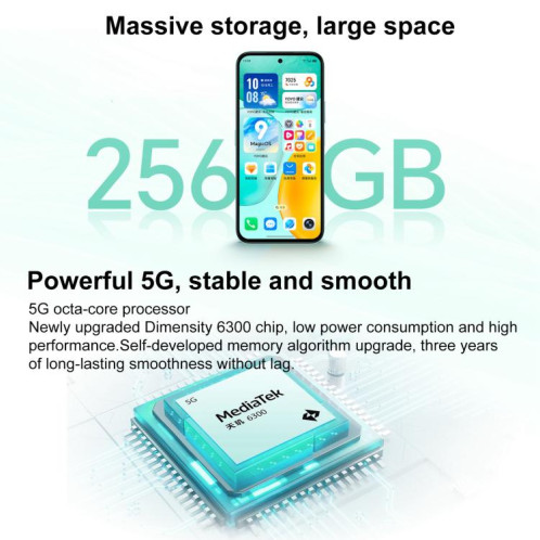Honor Play 60, 6 Go + 128 Go, lecteur d'empreintes digitales latéral, écran 6,61 pouces, MagicOS 9.0, Dimensity 6300 Octa Core, réseau 5G, OTG (blanc) SH900W246-09