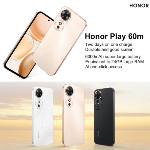 Honor Play 60M, 12 Go + 256 Go, lecteur d'empreintes digitales latéral, écran 6,61 pouces, MagicOS 9.0, Dimensity 6300 Octa Core, réseau 5G, OTG (noir) SH904B1149-08