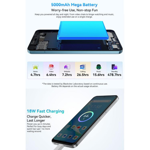  Blackview COLOR 6, 8 Go + 256 Go, reconnaissance faciale et empreinte digitale, écran 6,67 pouces, Android 15, MediaTek Helio G81 Octa Core, réseau 4G (blanc neige) SB925W1846-020