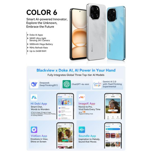  Blackview COLOR 6, 8 Go + 256 Go, reconnaissance faciale et empreinte digitale, écran 6,67 pouces, Android 15, MediaTek Helio G81 Octa Core, réseau 4G (bleu céleste) SB925L348-020