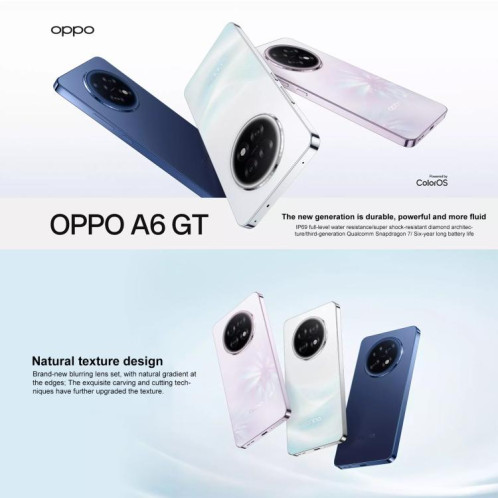 Oppo A6 GT, 8 Go + 256 Go, écran 6,8 pouces, lecteur d'empreintes digitales, ColorOS 15.0, Android 15, Qualcomm Snapdragon 7 Gen 3 Octa Core, NFC, réseau 5G (blanc) SO954W492-020