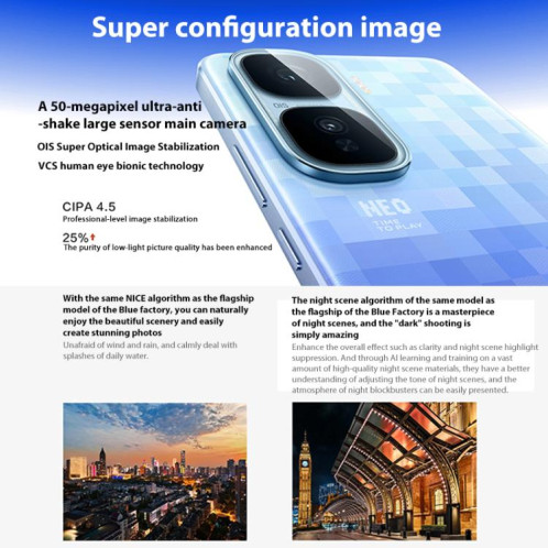 Vivo iQOO Neo10 Pro+, 16 Go + 512 Go, écran 6,82 pouces, lecteur d'empreintes digitales, Android 15, OriginOS 5, Snapdragon 8 Elite Octa Core, OTG, NFC, réseau 5G, compatible Google Play (bleu) SV963L1099-019