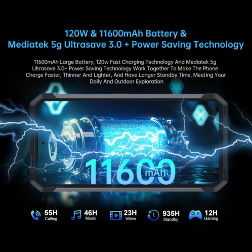  Téléphone robuste Unihertz Tank 4 Pro, 18 Go 1 To, vision nocturne, écran 6,73 pouces, Android 14, Dimensity 8300 Octa Core, réseau 5G, NFC (noir) SU964B1678-024