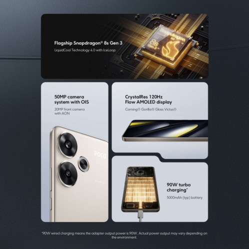  Xiaomi POCO F6 Global, 8 Go + 256 Go, lecteur d'empreintes digitales à l'écran, 6,67 pouces Xiaomi HyperOS Snapdragon 8s Gen 3 Octa Core 3,0 GHz, NFC, réseau : 5G (noir) SX980B79-014