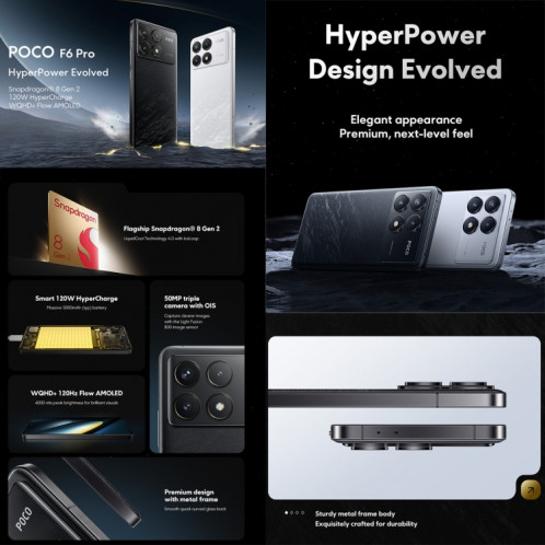  Xiaomi POCO F6 Pro Global, 12 Go + 512 Go, lecteur d'empreintes digitales à l'écran, 6,67 pouces Xiaomi HyperOS Snapdragon 8 Gen 2 Octa Core 3,19 GHz, NFC, réseau : 5G (noir) SX983B164-09