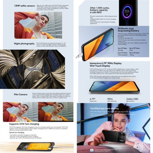  Xiaomi POCO M6 Global, 8 Go + 256 Go, lecteur d'empreintes digitales latéral, 6,79 pouces Xiaomi HyperOS MediaTek Helio G91-Ultra Octa Core 2,0 GHz, NFC, réseau : 4G (noir) SX985B204-07