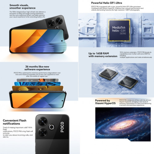  Xiaomi POCO M6 Global, 8 Go + 256 Go, lecteur d'empreintes digitales latéral, 6,79 pouces Xiaomi HyperOS MediaTek Helio G91-Ultra Octa Core 2,0 GHz, NFC, réseau : 4G (noir) SX985B204-07