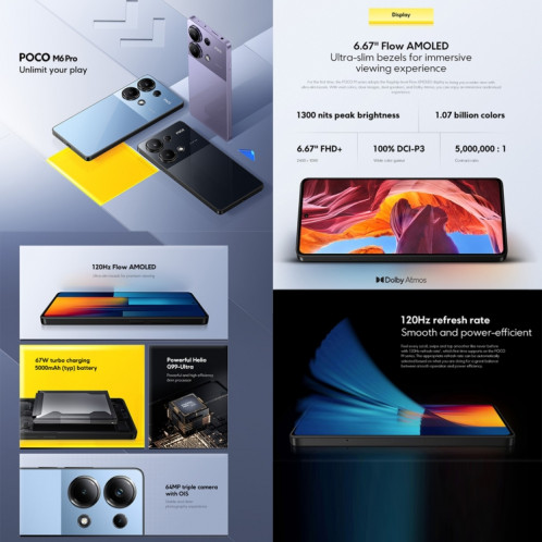  Xiaomi POCO M6 Pro Global, 8 Go + 256 Go, lecteur d'empreintes digitales à l'écran, 6,67 pouces MIUI 14 MediaTek Helio G99-Ultra Octa Core 2,2 GHz, NFC, réseau : 4G (bleu) SX986L479-07
