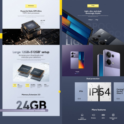  Xiaomi POCO M6 Pro Global, 12 Go + 512 Go, lecteur d'empreintes digitales à l'écran, 6,67 pouces MIUI 14 MediaTek Helio G99-Ultra Octa Core 2,2 GHz, NFC, réseau : 4G (bleu) SX987L828-07
