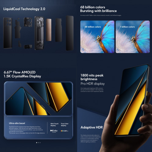  Xiaomi POCO X6 Pro Global, 12 Go + 512 Go, lecteur d'empreintes digitales intégré, 6,67 pouces Xiaomi HyperOS MediaTek Dimensity 8300-Ultra Octa Core 3,35 GHz, NFC, réseau : 5G (gris) SX988H1775-08