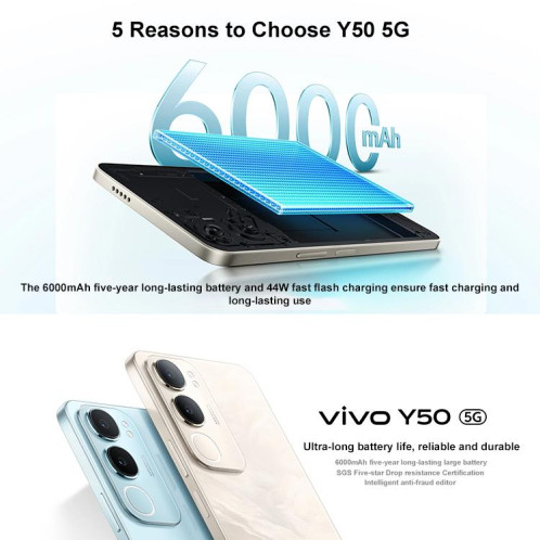 Vivo Y50 5G, 4 Go + 128 Go, reconnaissance faciale / empreinte digitale latérale, écran 6,74 pouces, Android 15, OriginOS 5, Dimensity 6300 Octa Core, OTG, réseau 5G (noir) SV990B749-017