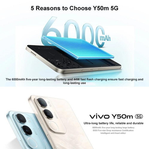 Vivo Y50m 5G, 8 Go + 256 Go, reconnaissance faciale/empreinte digitale latérale, écran 6,74 pouces, Android 15, OriginOS 5, Dimensity 6300 Octa Core, OTG, réseau 5G (or) SH995J675-017