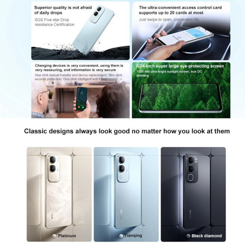 Vivo Y50m 5G, 12 Go + 256 Go, reconnaissance faciale / empreinte digitale latérale, écran 6,74 pouces, Android 15, OriginOS 5, Dimensity 6300 Octa Core, OTG, réseau 5G (bleu) SV996L914-017