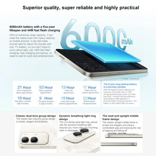 Vivo Y50m 5G, 12 Go + 256 Go, reconnaissance faciale/empreinte digitale latérale, écran 6,74 pouces, Android 15, OriginOS 5, Dimensity 6300 Octa Core, OTG, réseau 5G (noir) SV996B754-017