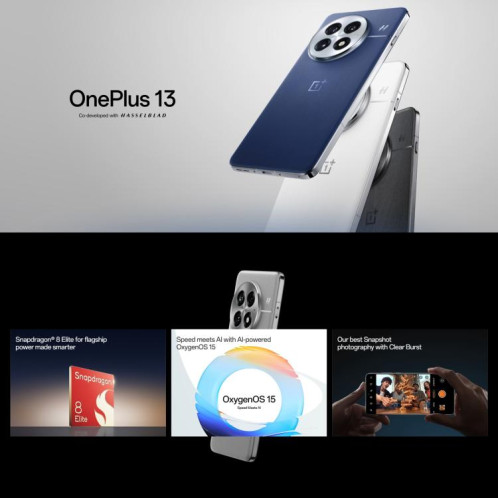  OnePlus 13 5G Global, 16 Go + 512 Go, lecteur d'empreintes digitales intégré, écran 6,82 pouces, ColorOS 15.0, Android 15, Qualcomm Snapdragon 8 Elite Octa Core, NFC, réseau 5G (bleu) SO437L1693-018
