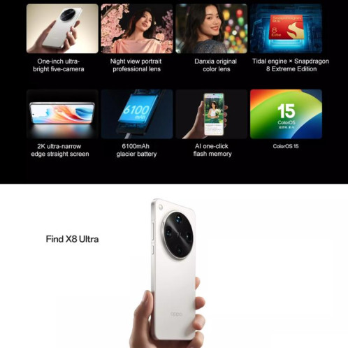 OPPO Find X8 Ultra Satellite Edition, 16 Go + 1 To, écran 6,82 pouces, lecteur d'empreintes digitales, ColorOS 15, Snapdragon 8 Elite Octa Core, NFC, OTG, réseau 5G (blanc) SO506W1656-017