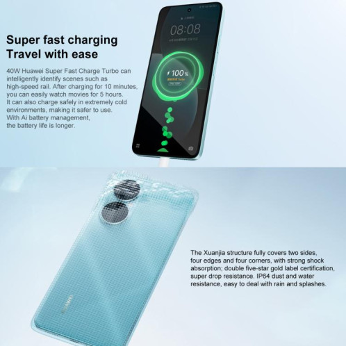 HUAWEI Enjoy 80, 8 Go + 128 Go, lecteur d'empreintes digitales latéral, 6,67 pouces, HarmonyOS 4.0, OTG, non compatible avec Google Play (bleu) SH528L956-013