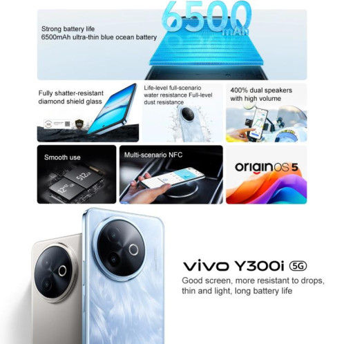 Vivo Y300i, 12 Go + 512 Go, reconnaissance faciale / empreinte digitale latérale, écran 6,68 pouces, Android 15, OriginOS 5, Snapdragon 4 Gen 2 Octa Core, OTG, NFC, réseau 5G (couleur titane) SV39TC230-010