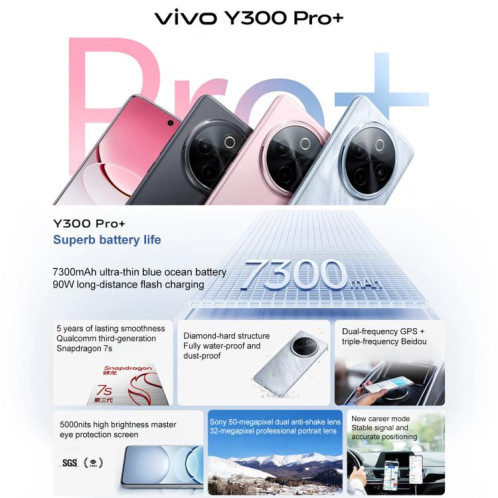 Vivo Y300 Pro+, 12 Go + 256 Go, reconnaissance faciale / empreinte digitale, écran 6,77 pouces, Android 15, OriginOS 5, Snapdragon 7s Gen 3 Octa Core, OTG, NFC, réseau 5G (rose) SV542F1319-011