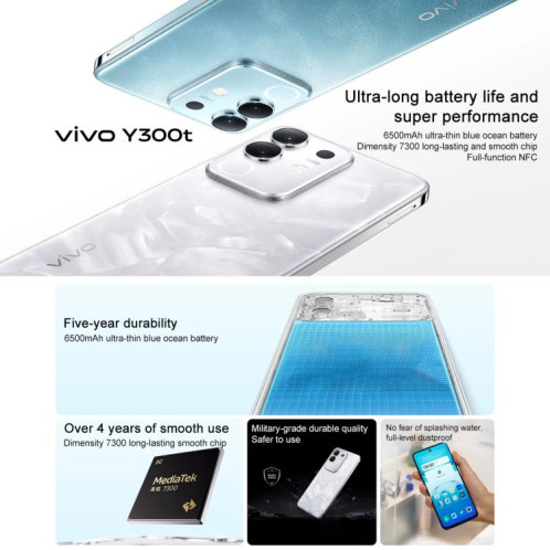 Vivo Y300t, 8 Go + 128 Go, reconnaissance faciale / empreinte digitale latérale, écran 6,72 pouces, Android 15, OriginOS 5, Dimensity 7300 Octa Core, OTG, NFC, réseau 5G (bleu aqua) SV44AB10-013