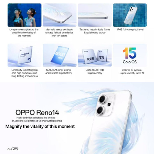 Téléphone OPPO Reno14 AI, 12 Go + 256 Go, écran 6,59 pouces, ColorOS 15.0, Dimensity 8350 Octa Core, NFC, OTG, réseau 5G (blanc) SO550W1349-016