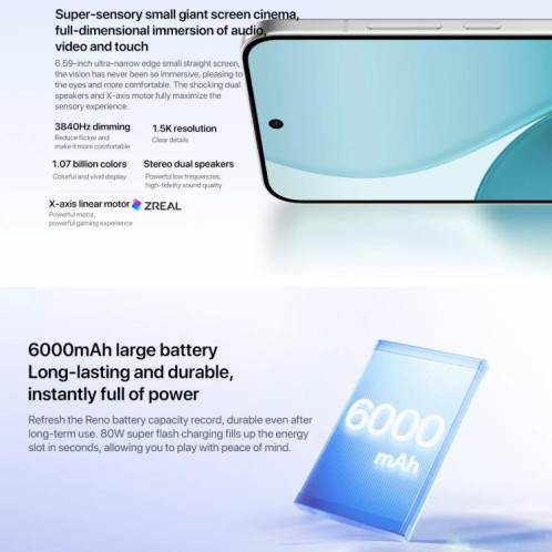 Téléphone OPPO Reno14 AI, 16 Go + 256 Go, écran 6,59 pouces, ColorOS 15.0, Dimensity 8350 Octa Core, NFC, OTG, réseau 5G (vert) SO553G747-016