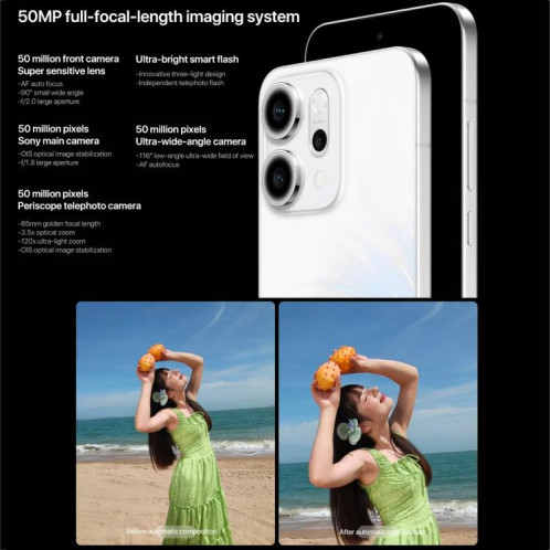 Téléphone OPPO Reno14 Pro IA, 16 Go + 512 Go, écran 6,83 pouces, ColorOS 15.0, Dimensity 8450 Octa Core, NFC, OTG, réseau 5G (blanc) SO558W181-018