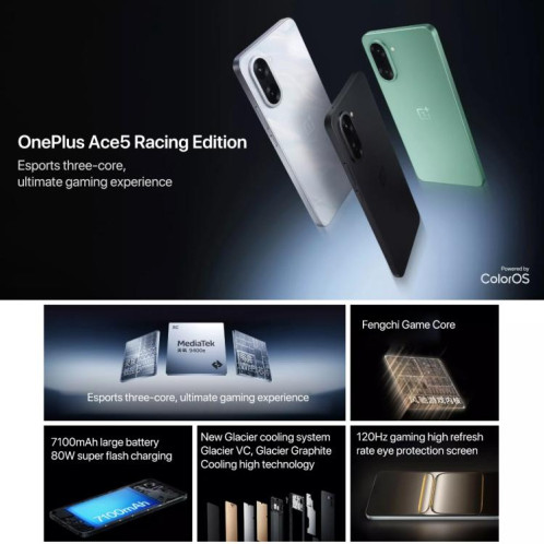 OnePlus Ace 5 Racing, 12 Go + 512 Go, 6,77 pouces, ColorOS 15.0, MediaTek Dimensity 9400e Octa Core, NFC, réseau 5G (noir) SO561B916-019