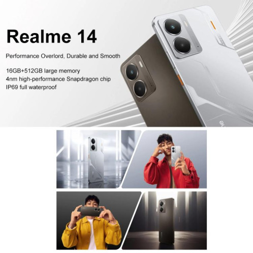 Realme 14, 16 Go + 512 Go, écran 6,67 pouces, reconnaissance d'empreintes digitales, Realme UI 6.0, Snapdragon 6 Gen 4 Octa Core, NFC, réseau 5G (argent) SO811S1551-013