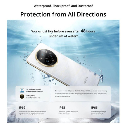 Realme 14 Pro+, 12 Go + 256 Go, écran 6,83 pouces, reconnaissance d'empreintes digitales, Realme UI 6.0, Snapdragon 7s Gen 3 Octa Core, NFC, réseau 5G (blanc) SO814W1183-027