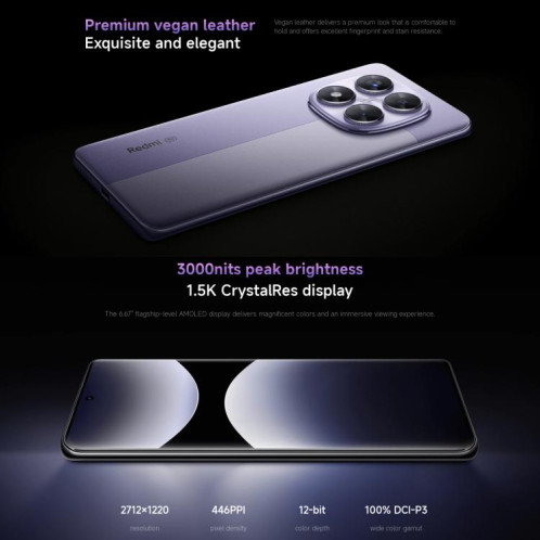  Xiaomi Redmi Note 14 Pro 5G Global, 8 Go + 256 Go, lecteur d'empreintes digitales à l'écran, 6,67 pouces Xiaomi HyperOS MediaTek Dimensity 7300-Ultra Octa Core, NFC, réseau : 5G (violet) SX905P1566-022