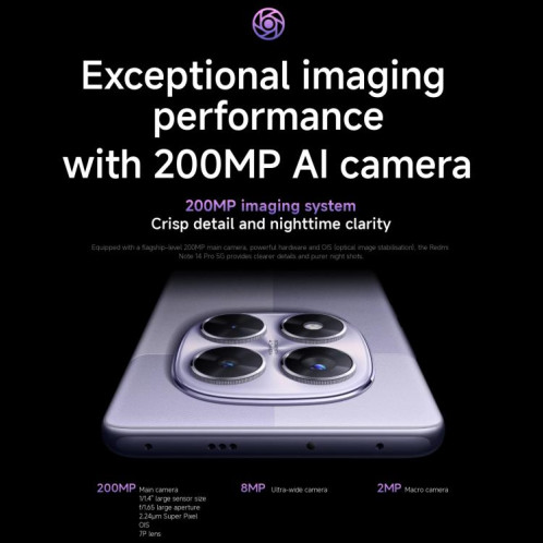  Xiaomi Redmi Note 14 Pro 5G Global, 8 Go + 256 Go, lecteur d'empreintes digitales à l'écran, 6,67 pouces Xiaomi HyperOS MediaTek Dimensity 7300-Ultra Octa Core, NFC, réseau : 5G (violet) SX905P1566-022