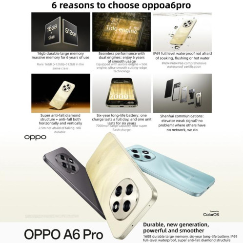 OPPO A6 Pro 5G, 16 Go + 512 Go, écran 6,57 pouces, lecteur d'empreintes digitales, ColorOS 15, Android 15, Dimensity 7300 Octa Core, NFC, OTG, réseau 5G (cyan) SO50QC905-021