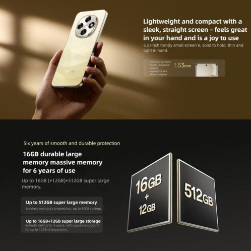 OPPO A6 Pro 5G, 16 Go + 512 Go, écran 6,57 pouces, lecteur d'empreintes digitales, ColorOS 15, Android 15, Dimensity 7300 Octa Core, NFC, OTG, réseau 5G (or) SO250J511-021