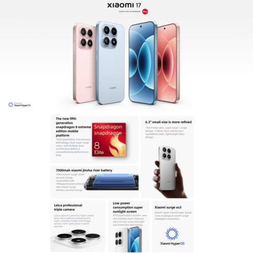 Xiaomi 17, 12 Go + 512 Go, lecteur d'empreintes digitales ultrasonique 3D, écran 6,3 pouces, Xiaomi HyperOS 3, Snapdragon 8 Elite Gen 5 Octa Core, NFC, réseau 5G (blanc) SX268W1429-024