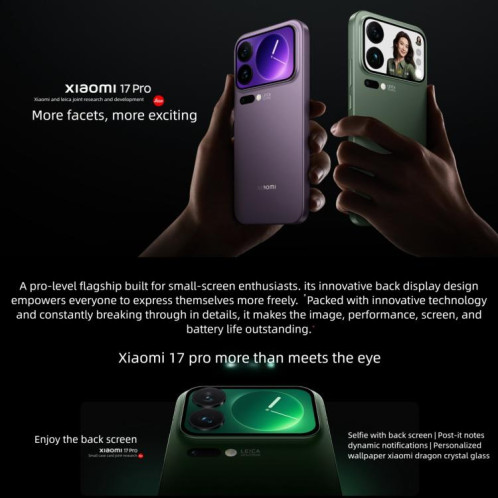 Xiaomi 17 Pro, 16 Go + 512 Go, lecteur d'empreintes digitales ultrasonique 3D, écrans 6,3 pouces et 2,7 pouces, Xiaomi HyperOS 3, Snapdragon 8 Elite Gen 5 Octa Core, NFC, réseau 5G (violet) SX273P1492-027