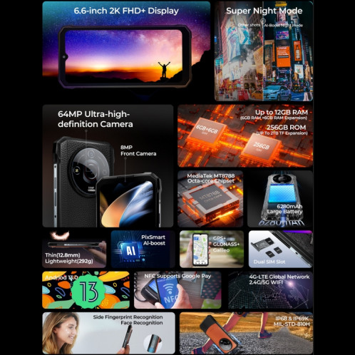  Téléphone robuste HOTWAV T7, 6 Go + 256 Go, 6280 mAh, 6,6 pouces Android 13 MT8788 Octa Core, réseau : 4G, OTG (Orange) SH379E286-016
