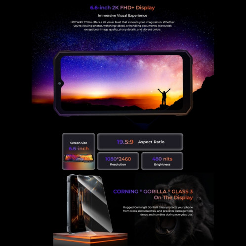  Téléphone robuste HOTWAV T7, 6 Go + 256 Go, 6280 mAh, 6,6 pouces Android 13 MT8788 Octa Core, réseau : 4G, OTG (noir) SH379B238-016