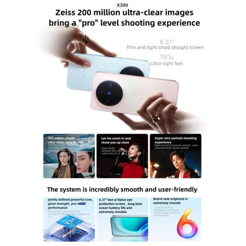 Vivo X300, 16 Go + 256 Go, 6,31 pouces, OriginOS 6, Android 16, Dimensity 9500, Octa Core, OTG, NFC, réseau 5G (noir) SV443B1271-018