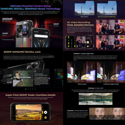  Téléphone robuste HOTWAV Hyper 7 Pro, 16 Go + 256 Go, 10800 mAh, 6,6 pouces Android 14 MediaTek Dimensity 7050 5G, réseau : 5G, OTG, NFC (noir) SH550B1944-020