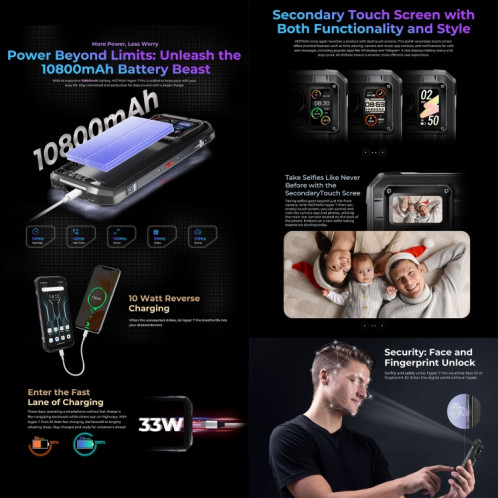  Téléphone robuste HOTWAV Hyper 7 Pro, 16 Go + 256 Go, 10800 mAh, 6,6 pouces Android 14 MediaTek Dimensity 7050 5G, réseau : 5G, OTG, NFC (noir) SH550B1944-020