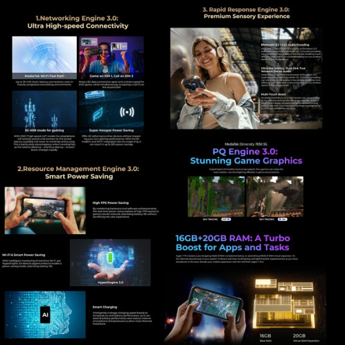  Téléphone robuste HOTWAV Hyper 7 Pro, 16 Go + 256 Go, 10800 mAh, 6,6 pouces Android 14 MediaTek Dimensity 7050 5G, réseau : 5G, OTG, NFC (noir) SH550B1944-020