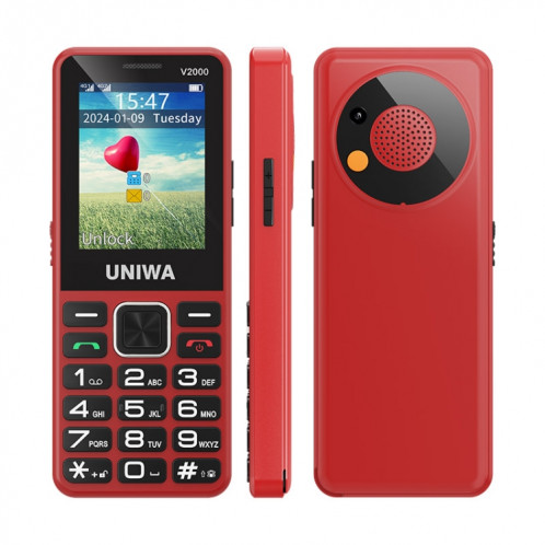 Téléphone à clavier pour personnes âgées UNIWA V2000, 2,4 pouces Unisoc T107, batterie 1700 mAh, lampe de poche LED, SOS, réseau : 4G, prise britannique (rouge) SU553R1747-013