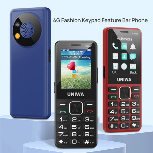 Téléphone à clavier pour personnes âgées UNIWA V2000, Unisoc T107 de 2,4 pouces, batterie de 1700 mAh, lampe de poche LED, SOS, réseau : 4G, prise AU (bleu) SU554L1618-013