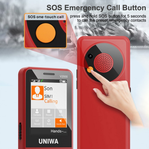 Téléphone à clavier pour personnes âgées UNIWA V2000, Unisoc T107 de 2,4 pouces, batterie de 1700 mAh, lampe de poche LED, SOS, réseau : 4G, prise AU (rouge) SU554R1495-013