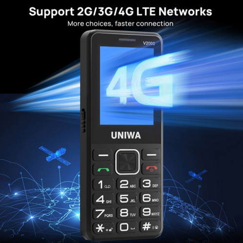Téléphone à clavier pour personnes âgées UNIWA V2000, Unisoc T107 de 2,4 pouces, batterie de 1700 mAh, lampe de poche LED, SOS, réseau : 4G, prise AU (bleu) SU554L1618-013